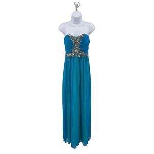 Deb Blue/Green Prom Formal Dress Sz 7 Strapless Jeweled Lined Pleated Maxi Dress